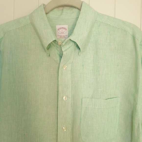 Brooks Brothers Linen Short Sleeve Button Down Shirt Green Stripe Size L - Picture 4 of 10